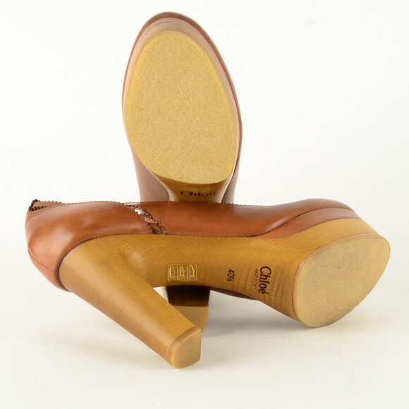 CHLOE SHOES TAN LEATHER ANKLE STRAP WOODEN PLATFORM PUMPS sz 40.5 10.5 - Picture 6 of 8